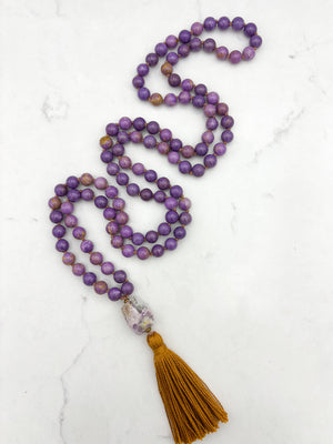 phosphosiderite gemstone mala with lilac agate guru bead and gold tassel | radiant malas | handmade in boulder, colorado