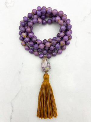 phosphosiderite gemstone mala with lilac agate guru bead and gold tassel | radiant malas | handmade in boulder, colorado