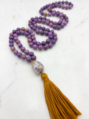 phosphosiderite gemstone mala with lilac agate guru bead and gold tassel | radiant malas | handmade in boulder, colorado