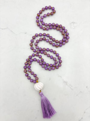 phosphosiderite gemstone mala with shell guru bead and purple tassel | radiant malas | handmade in boulder, colorado