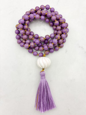 phosphosiderite gemstone mala with shell guru bead and purple tassel | radiant malas | handmade in boulder, colorado