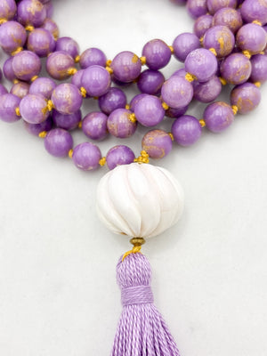 phosphosiderite gemstone mala with shell guru bead and purple tassel | radiant malas | handmade in boulder, colorado