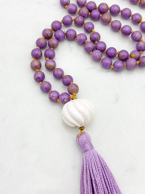 phosphosiderite gemstone mala with shell guru bead and purple tassel | radiant malas | handmade in boulder, colorado