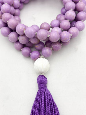 phosphosiderite gemstone mala with tridacna shell guru bead and purple tassel | radiant malas | handmade in boulder, colorado