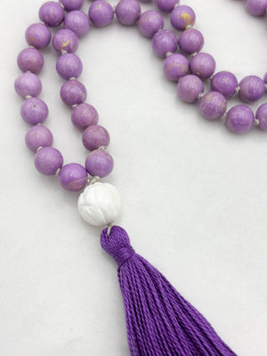 phosphosiderite gemstone mala with tridacna shell guru bead and purple tassel | radiant malas | handmade in boulder, colorado