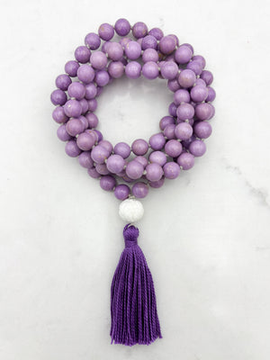 phosphosiderite gemstone mala with tridacna shell guru bead and purple tassel | radiant malas | handmade in boulder, colorado