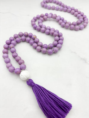 phosphosiderite gemstone mala with tridacna shell guru bead and purple tassel | radiant malas | handmade in boulder, colorado