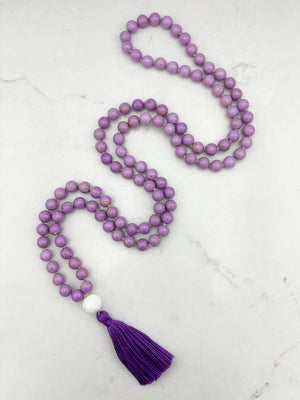 phosphosiderite gemstone mala with tridacna shell guru bead and purple tassel | radiant malas | handmade in boulder, colorado