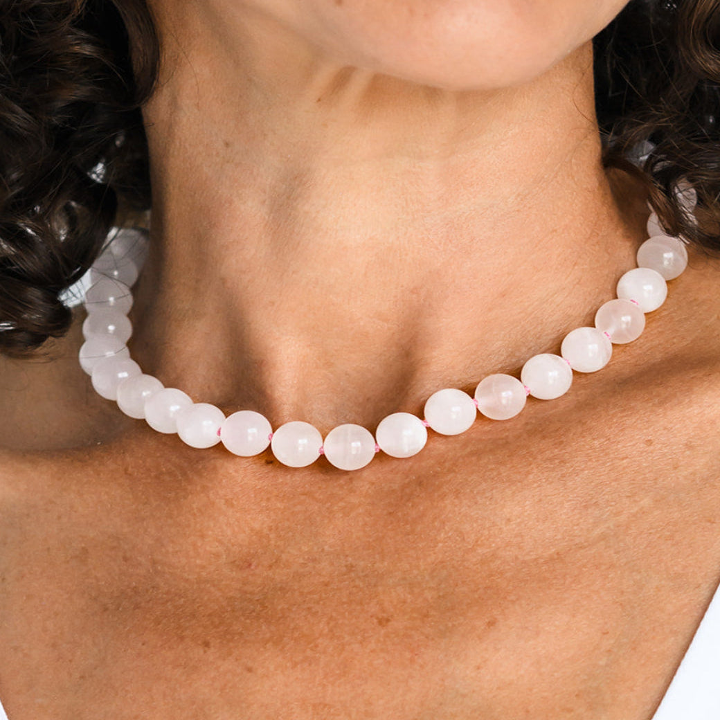 pink calcite big bead knotted gemstone necklace | radiant malas | handmade in boulder, colorado