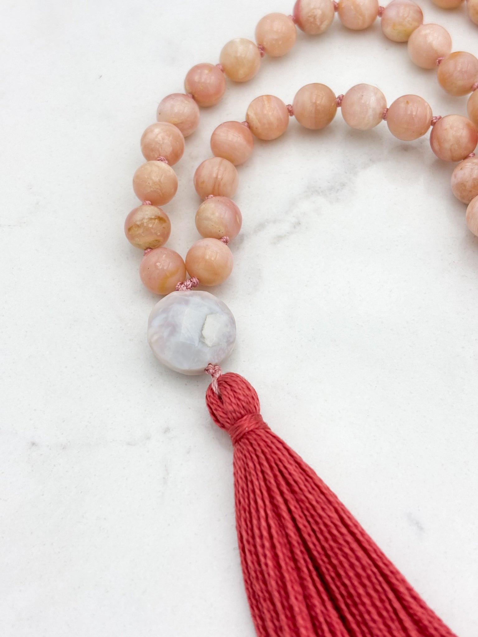 pink opal gemstone mala with peruvian opal guru bead and pink tassel | radiant malas | handmade in boulder, colorado