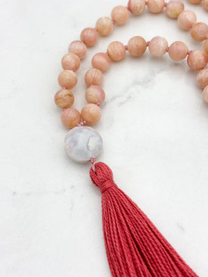 pink opal gemstone mala with peruvian opal guru bead and pink tassel | radiant malas | handmade in boulder, colorado