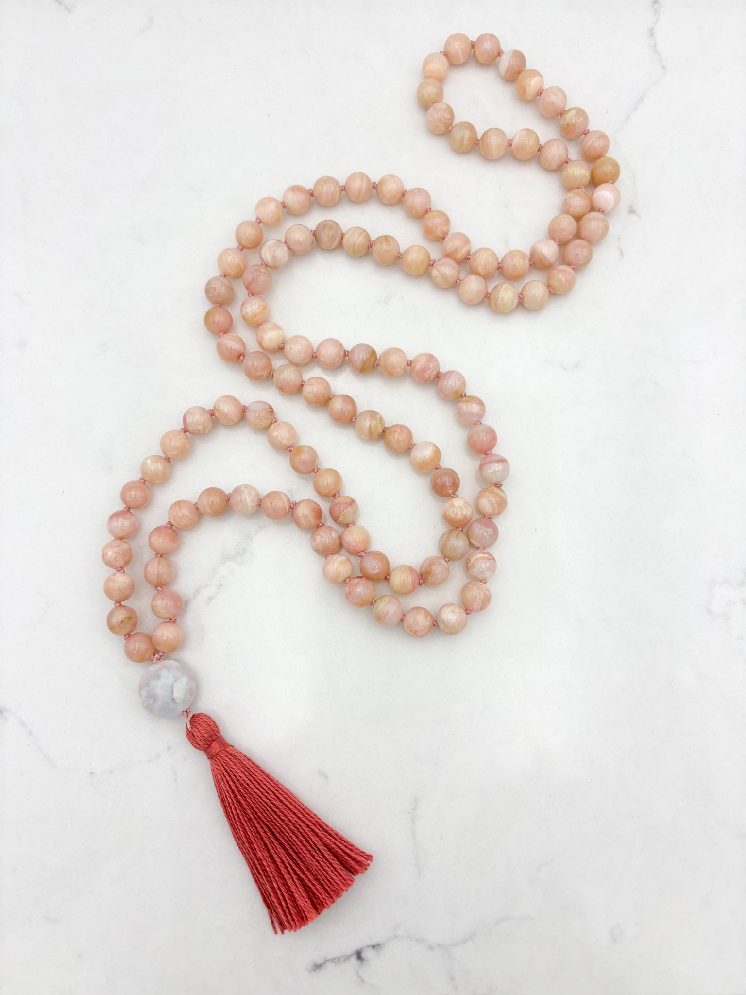 pink opal gemstone mala with peruvian opal guru bead and pink tassel | radiant malas | handmade in boulder, colorado