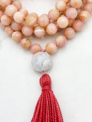 pink opal gemstone mala with peruvian opal guru bead and pink tassel | radiant malas | handmade in boulder, colorado