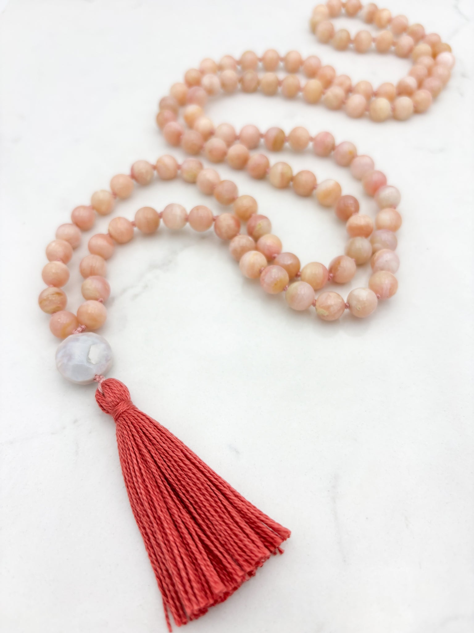 pink opal gemstone mala with peruvian opal guru bead and pink tassel | radiant malas | handmade in boulder, colorado