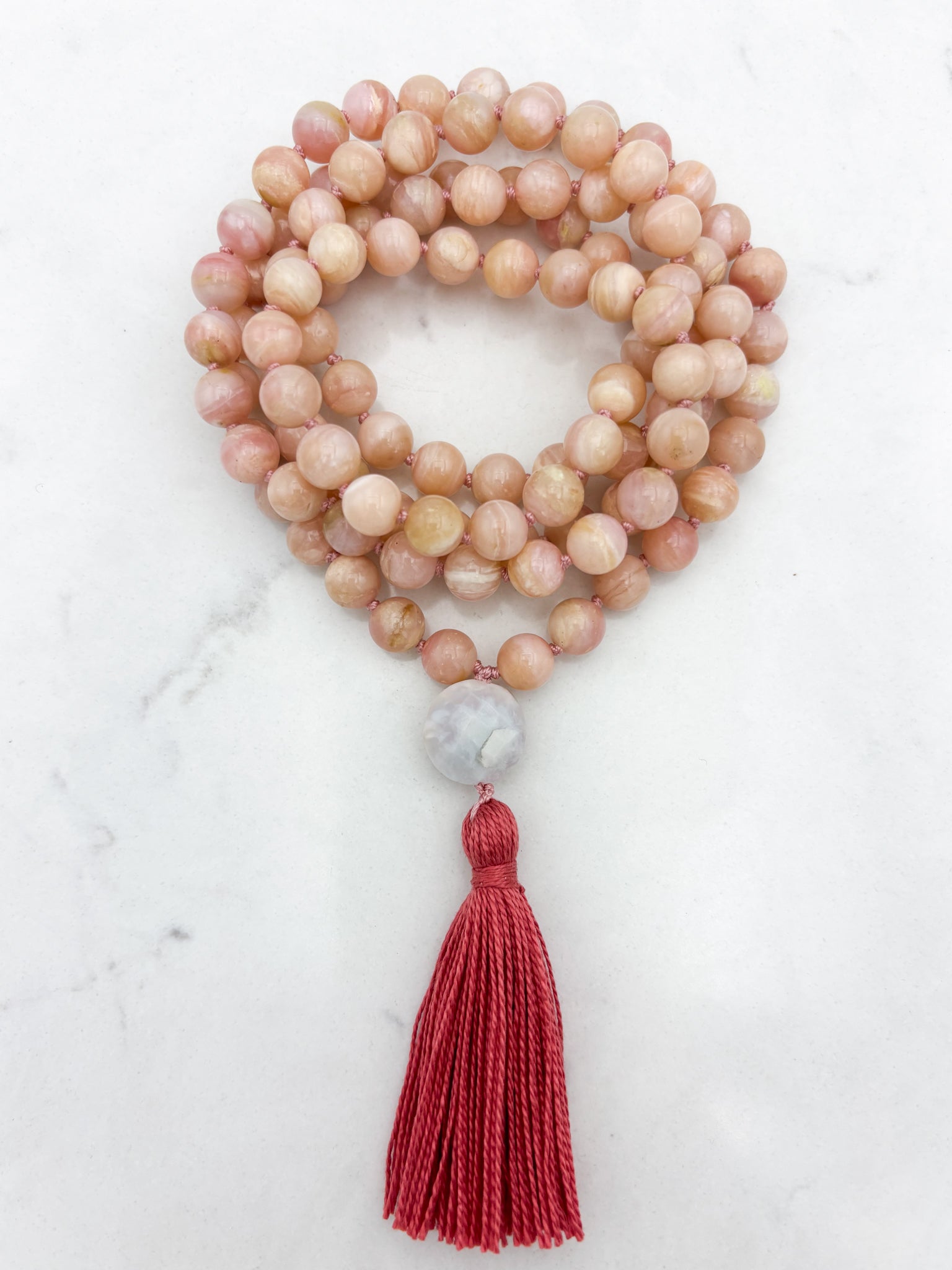pink opal gemstone mala with peruvian opal guru bead and pink tassel | radiant malas | handmade in boulder, colorado