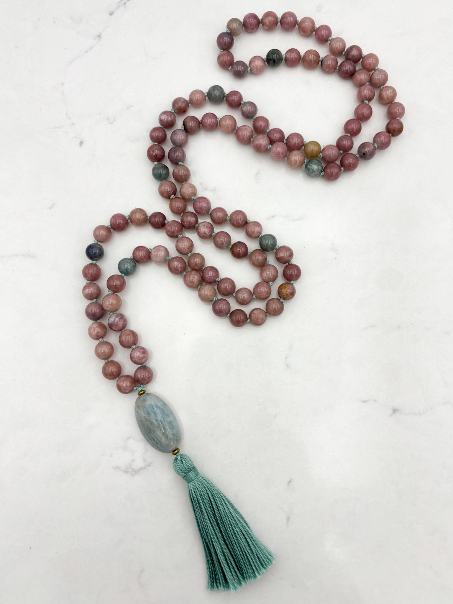 pink tourmaline gemstone mala necklace with aquamarine guru bead | radiant malas | handmade in boulder, colorado