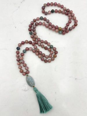 pink tourmaline gemstone mala necklace with aquamarine guru bead | radiant malas | handmade in boulder, colorado