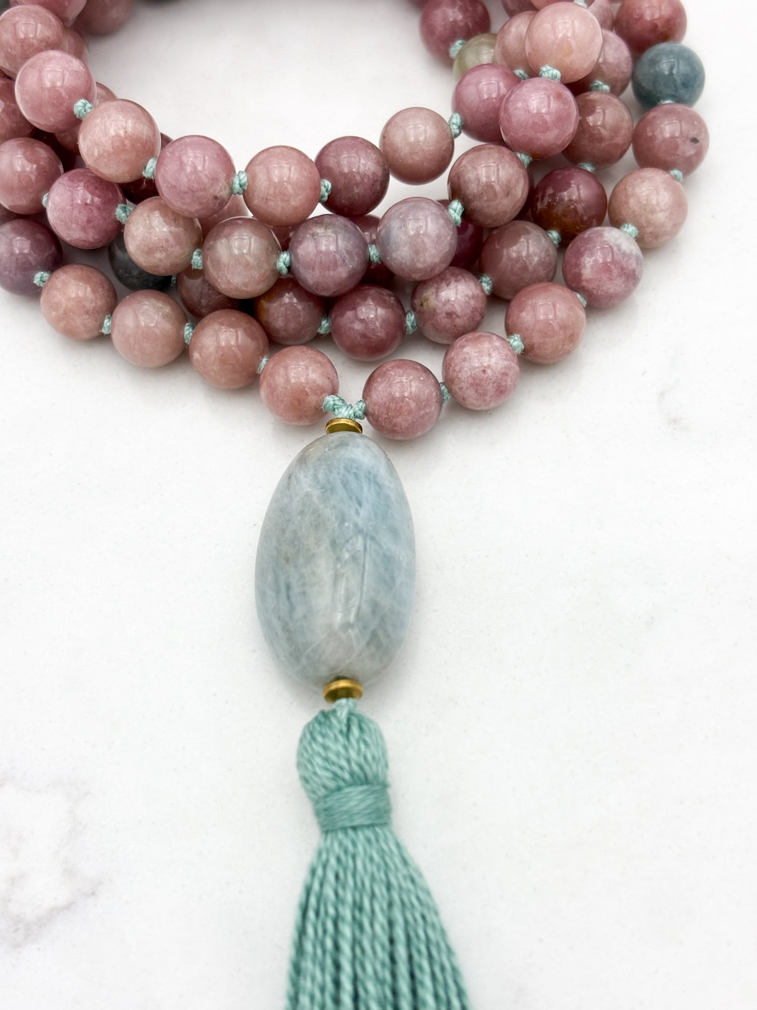 pink tourmaline gemstone mala necklace with aquamarine guru bead | radiant malas | handmade in boulder, colorado