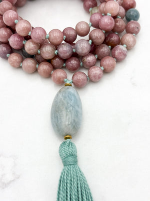 pink tourmaline gemstone mala necklace with aquamarine guru bead | radiant malas | handmade in boulder, colorado