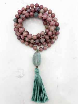 pink tourmaline gemstone mala necklace with aquamarine guru bead | radiant malas | handmade in boulder, colorado