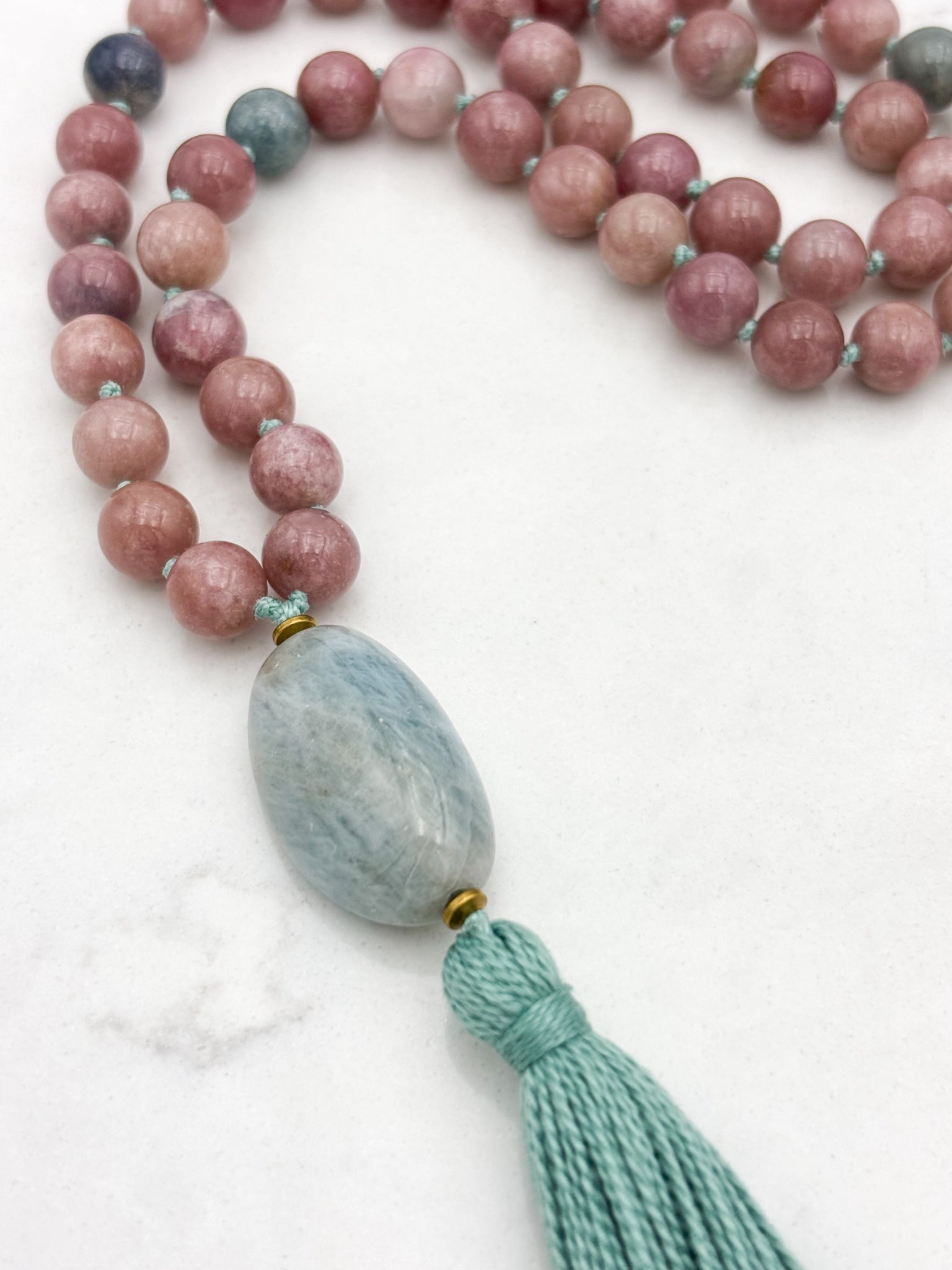 pink tourmaline gemstone mala necklace with aquamarine guru bead | radiant malas | handmade in boulder, colorado