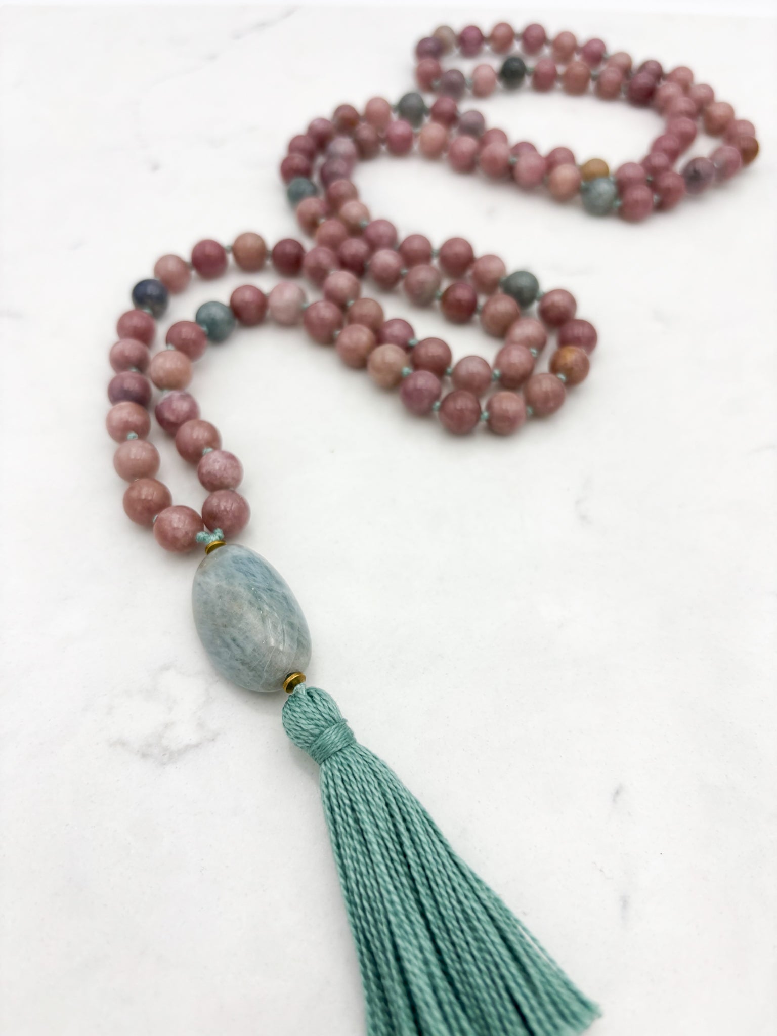 pink tourmaline gemstone mala necklace with aquamarine guru bead | radiant malas | handmade in boulder, colorado