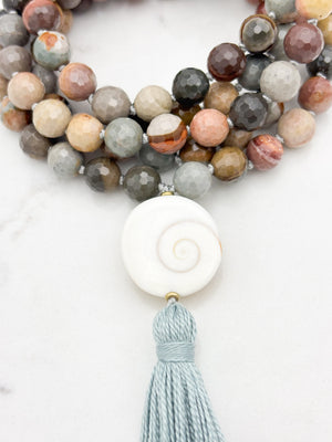 polychrome jasper gemstone mala with shiva eye shell guru bead and sage gray tassel | radiant malas | handmade in boulder, colorado