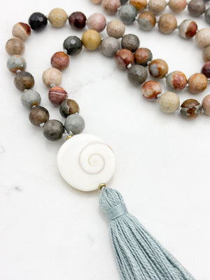 polychrome jasper gemstone mala with shiva eye shell guru bead and sage gray tassel | radiant malas | handmade in boulder, colorado
