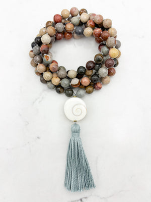 polychrome jasper gemstone mala with shiva eye shell guru bead and sage gray tassel | radiant malas | handmade in boulder, colorado