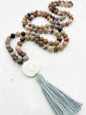 polychrome jasper gemstone mala with shiva eye shell guru bead and sage gray tassel | radiant malas | handmade in boulder, colorado