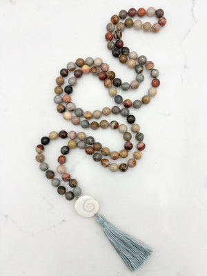 polychrome jasper gemstone mala with shiva eye shell guru bead and sage gray tassel | radiant malas | handmade in boulder, colorado
