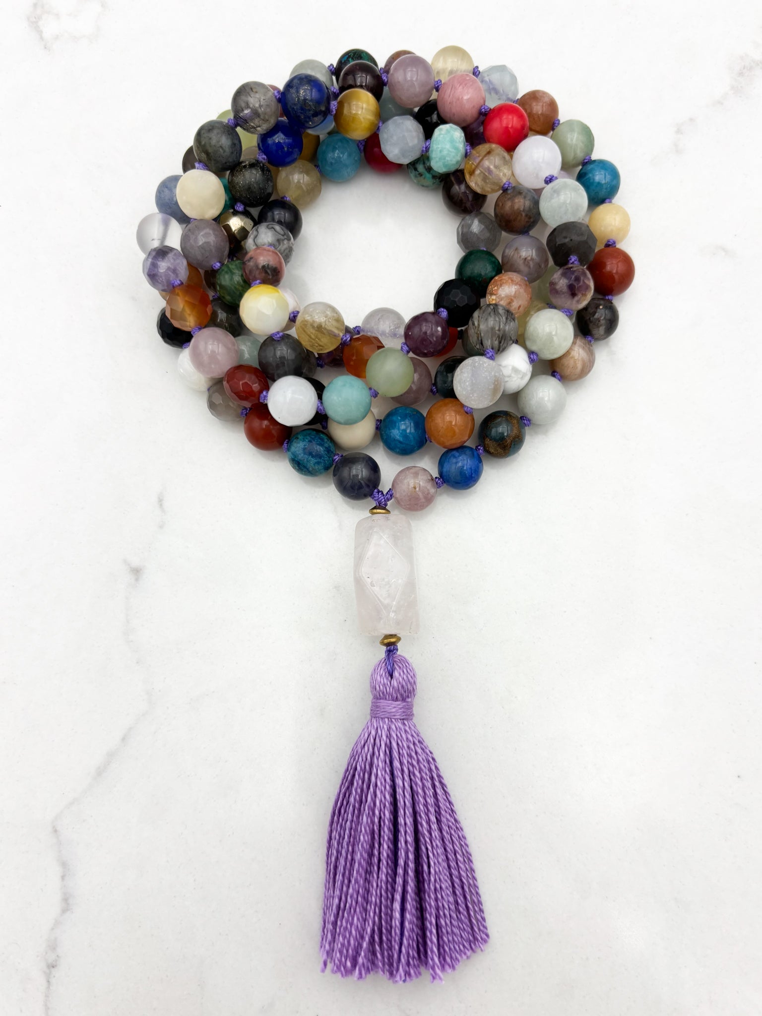 mixed gemstone mala necklace with rose quartz guru bead and purple tassel | radiant malas | handmade in boulder, colorado