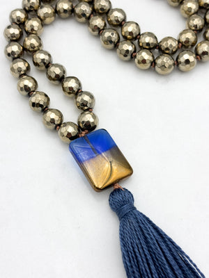 pyrite gemstone mala with 2-toned glass guru bead and blue tassel | radiant malas | handmade in boulder, colorado