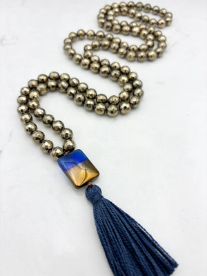 pyrite gemstone mala with 2-toned glass guru bead and blue tassel | radiant malas | handmade in boulder, colorado