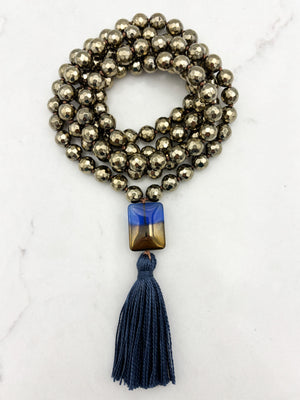 pyrite gemstone mala with 2-toned glass guru bead and blue tassel | radiant malas | handmade in boulder, colorado