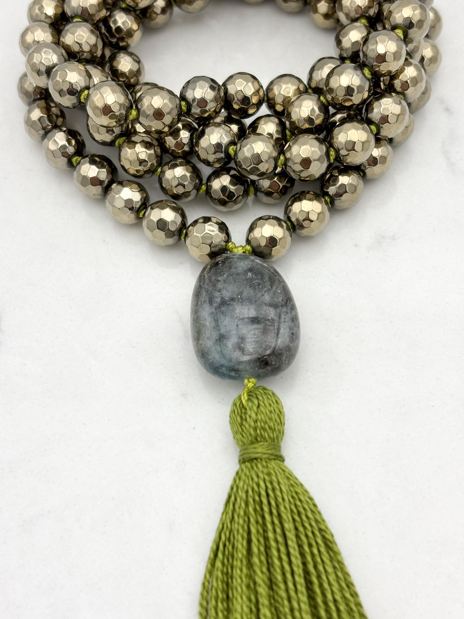 pyrite gemstone mala necklace with aquamarine guru bead and green tassel | radiant malas | handmade in boulder, colorado