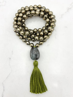 pyrite gemstone mala necklace with aquamarine guru bead and green tassel | radiant malas | handmade in boulder, colorado