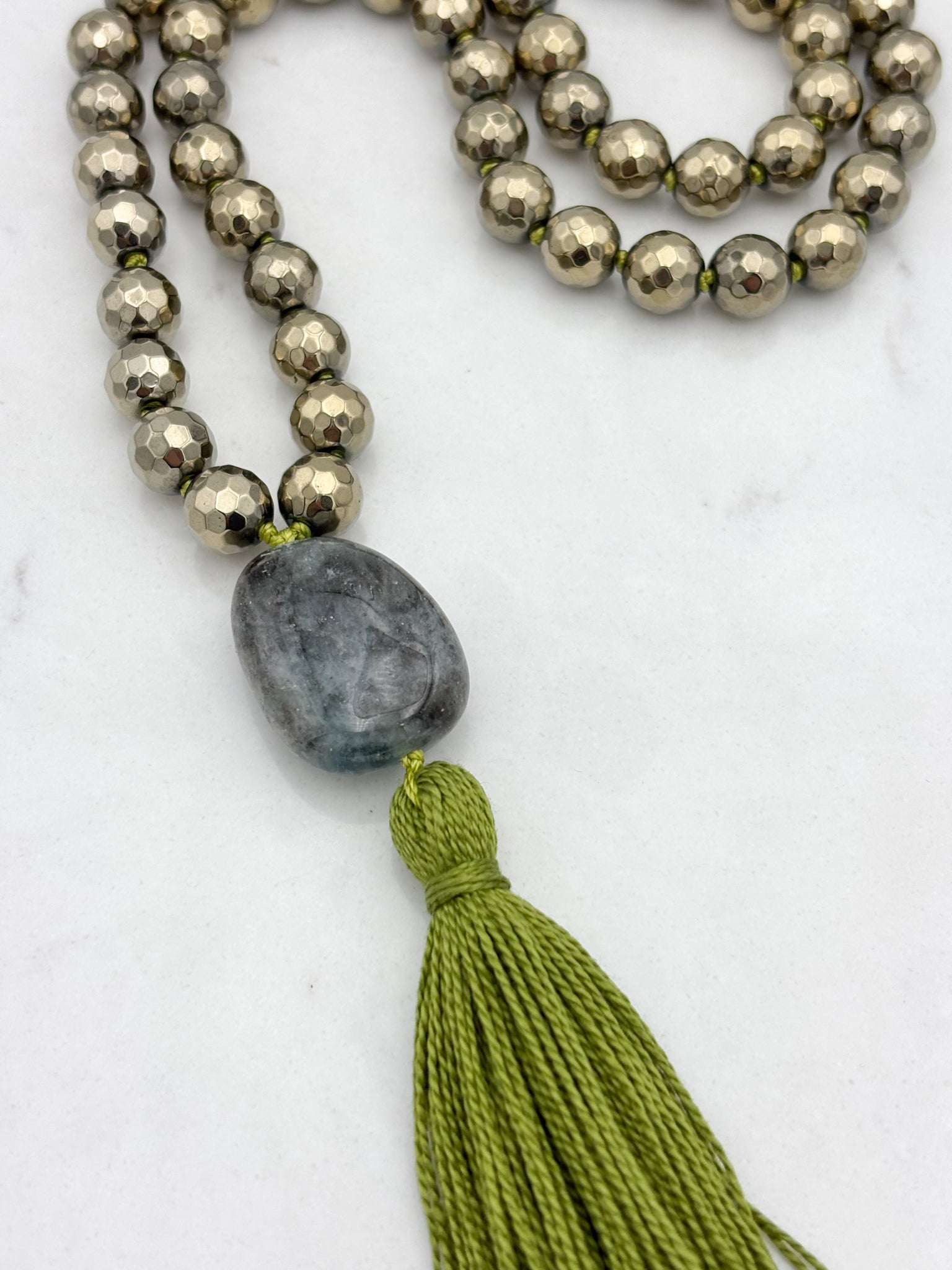 pyrite gemstone mala necklace with aquamarine guru bead and green tassel | radiant malas | handmade in boulder, colorado