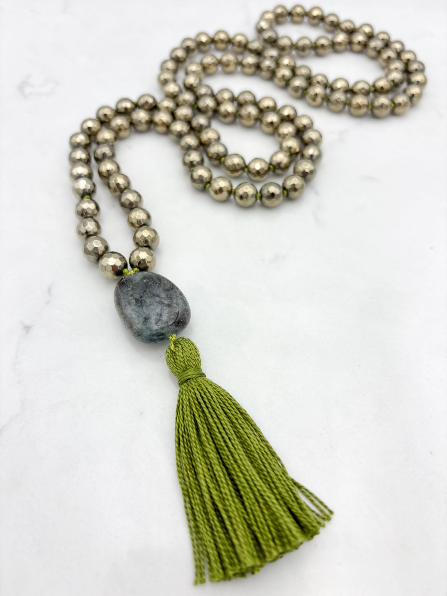 pyrite gemstone mala necklace with aquamarine guru bead and green tassel | radiant malas | handmade in boulder, colorado