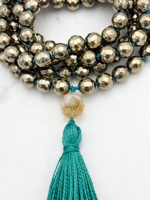 pyrite gemstone mala with citrine guru bead and green tassel | radiant malas | handmade in boulder, colorado