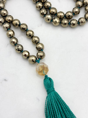 pyrite gemstone mala with citrine guru bead and green tassel | radiant malas | handmade in boulder, colorado