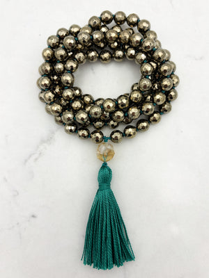 pyrite gemstone mala with citrine guru bead and green tassel | radiant malas | handmade in boulder, colorado