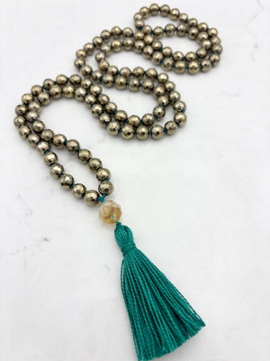 pyrite gemstone mala with citrine guru bead and green tassel | radiant malas | handmade in boulder, colorado