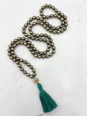 pyrite gemstone mala with citrine guru bead and green tassel | radiant malas | handmade in boulder, colorado