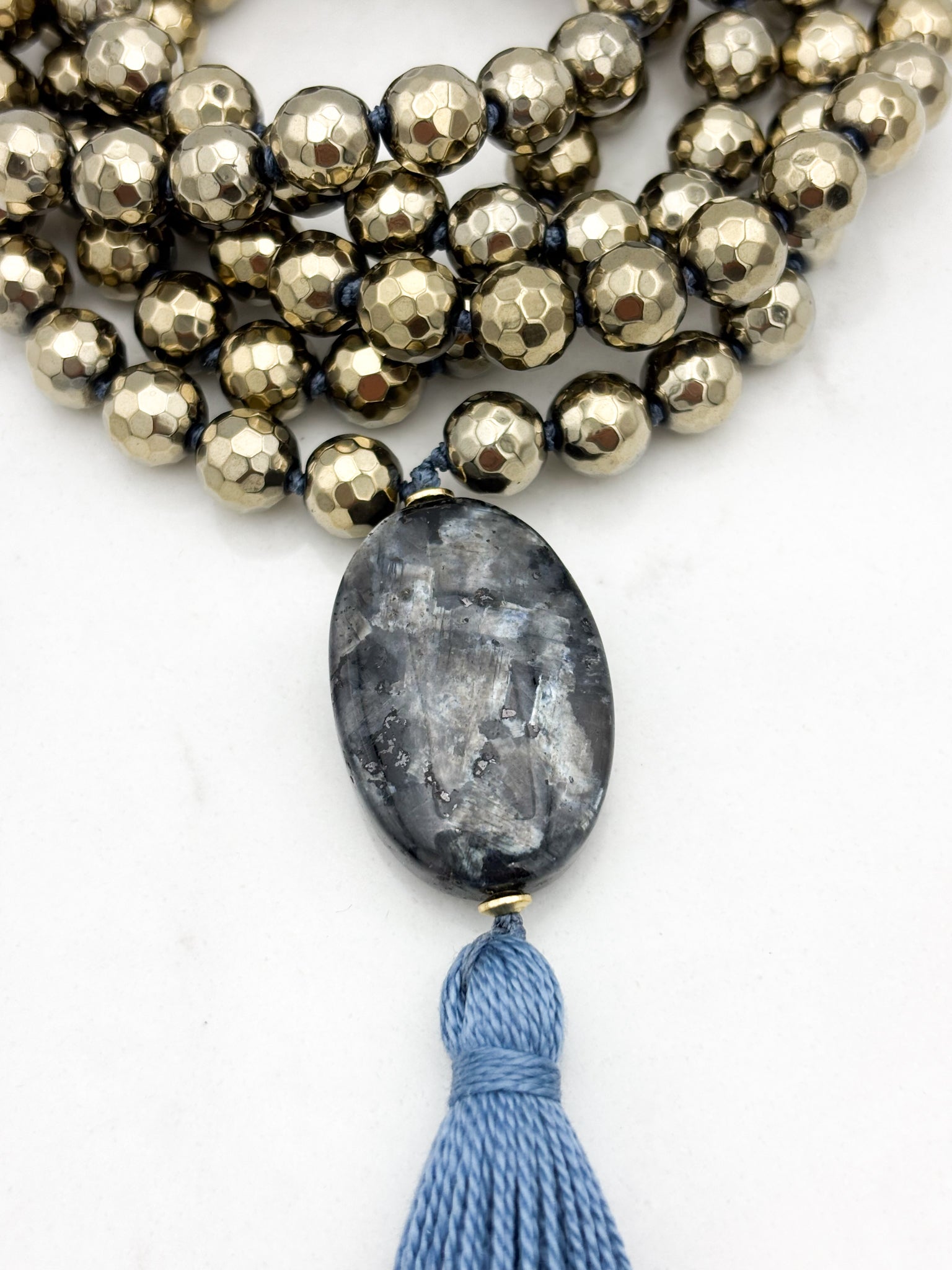 pyrite gemstone mala necklace with labradorite guru bead and blue tassel | radiant malas | handmade in boulder, colorado