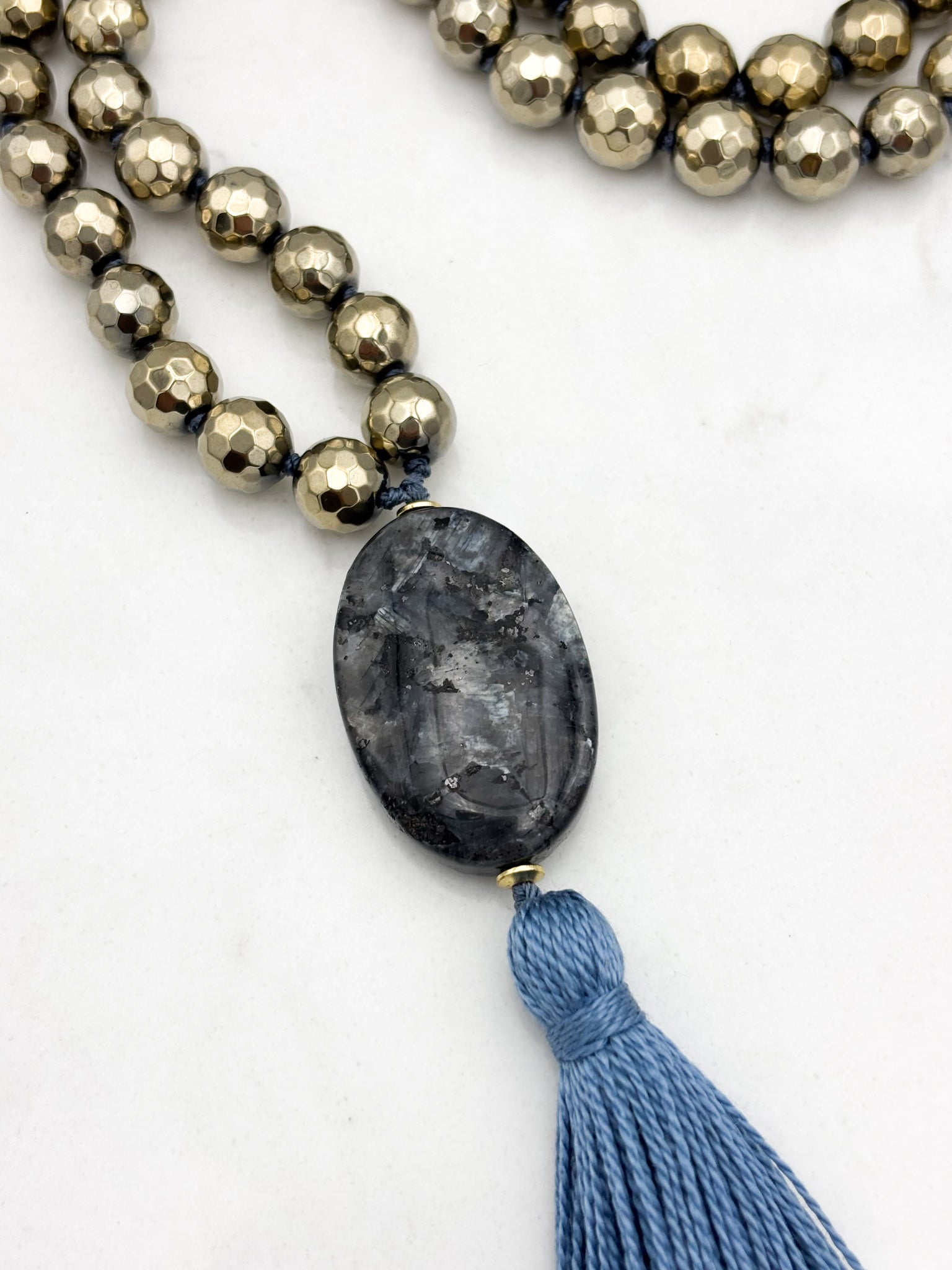 pyrite gemstone mala necklace with labradorite guru bead and blue tassel | radiant malas | handmade in boulder, colorado