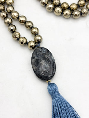 pyrite gemstone mala necklace with labradorite guru bead and blue tassel | radiant malas | handmade in boulder, colorado