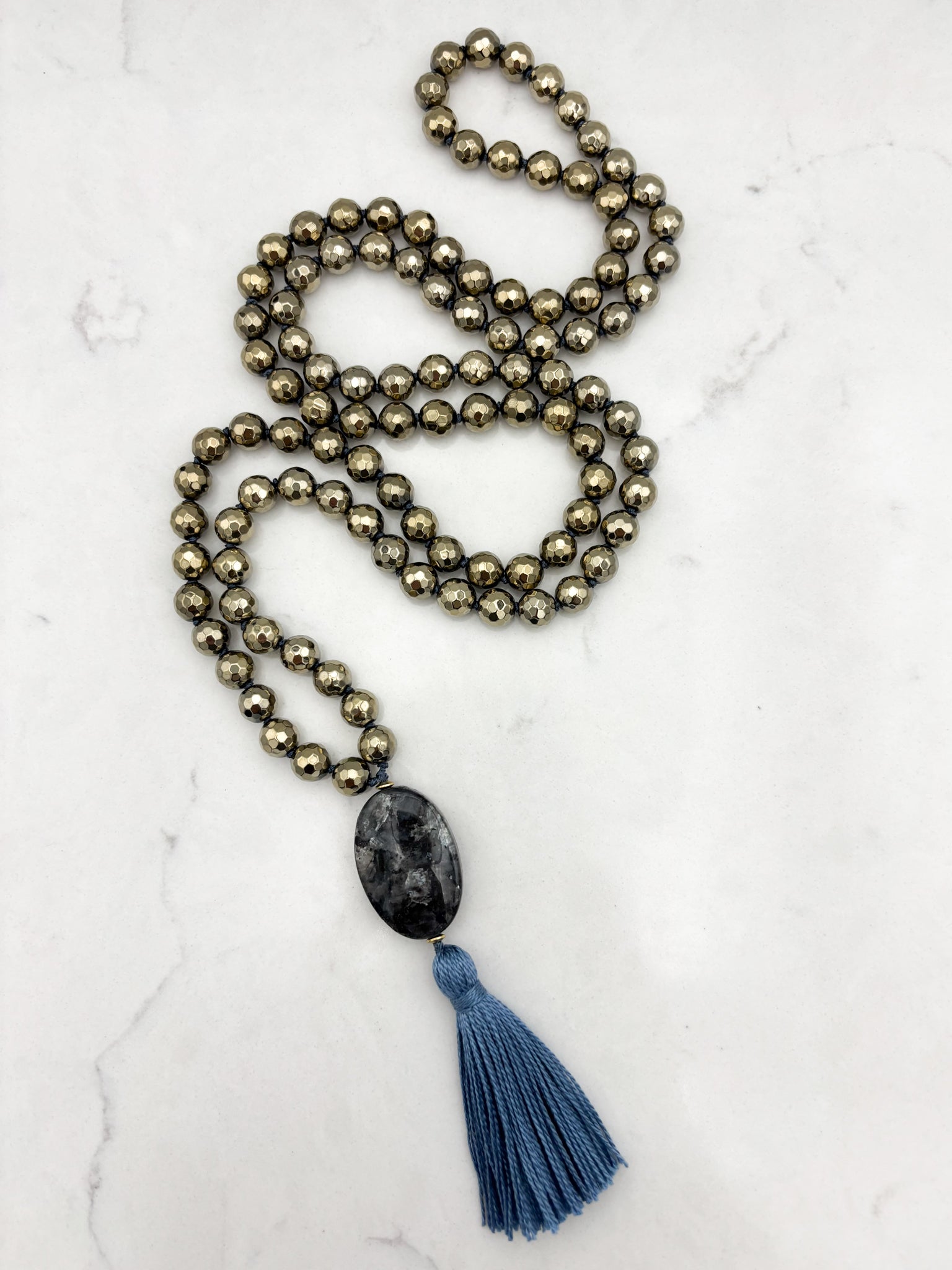 pyrite gemstone mala necklace with labradorite guru bead and blue tassel | radiant malas | handmade in boulder, colorado
