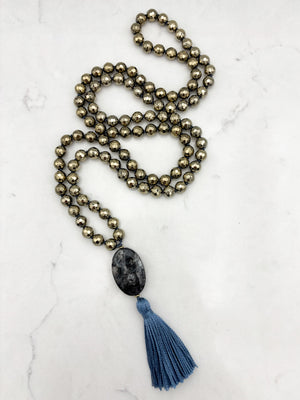 pyrite gemstone mala necklace with labradorite guru bead and blue tassel | radiant malas | handmade in boulder, colorado