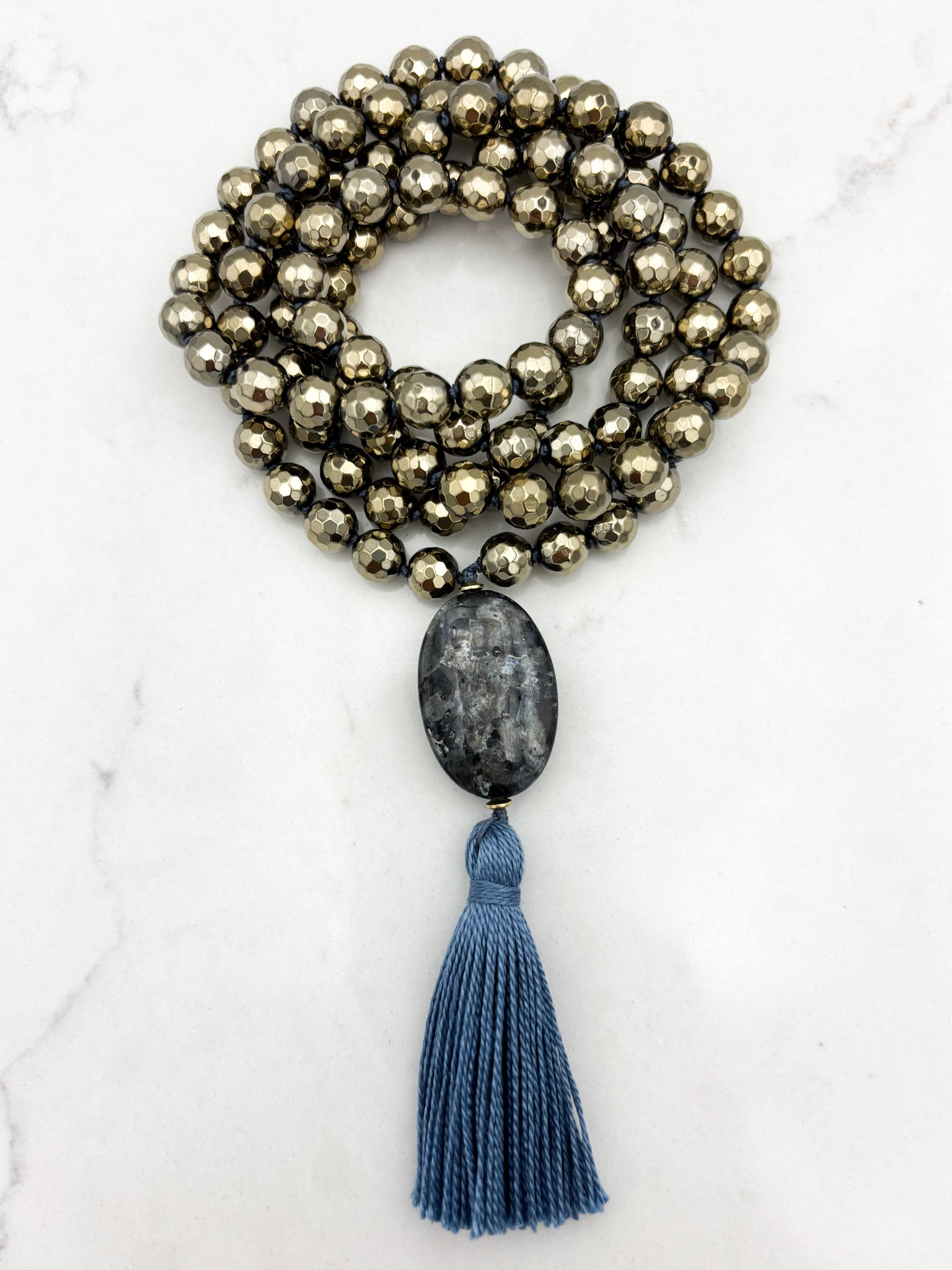 pyrite gemstone mala necklace with labradorite guru bead and blue tassel | radiant malas | handmade in boulder, colorado